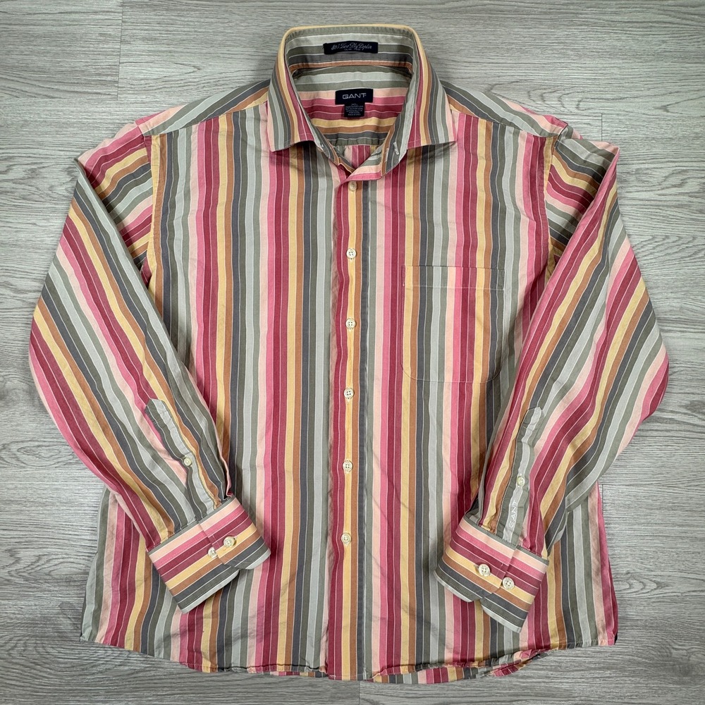 Gant Men's Button Down‎ Shirt Slim Fit Multi Color Stripe XL 80s Two Ply Poplin